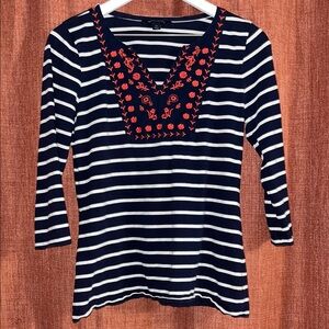 Tommy Hilfiger Navy and White Striped Top with Red Embroidery